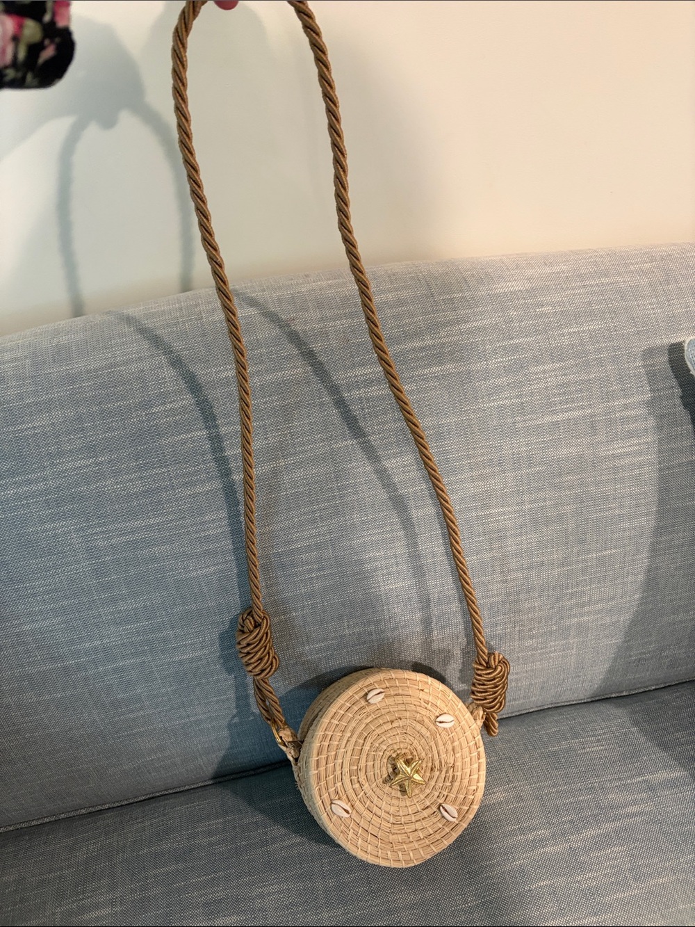 Woven Round Crossbody Bag in Natural Straw with Starfish and Shells